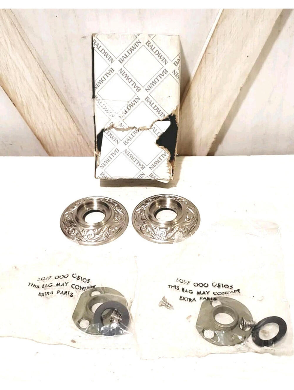 Baldwin Estate Rose 5003-150 Satin Nickel Finish Pair Handle Trim Ring NOS